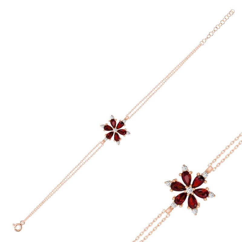 Gümüş%20Lotus%20Çiçeği%20Garnet%20Zirkon%20Taşlı%20Bileklik-Rose%20kaplama