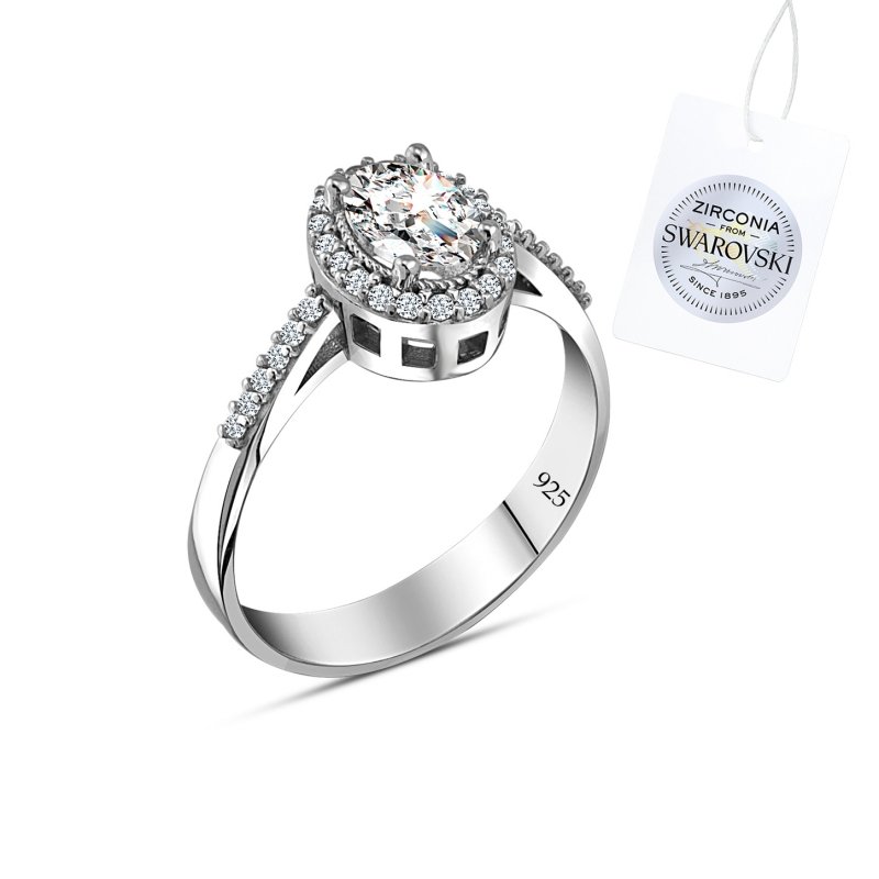 Gümüş%20Swarovski%20Zirconia%20Taşlı%20Halo%20Oval%20Tektaş%20Yüzük