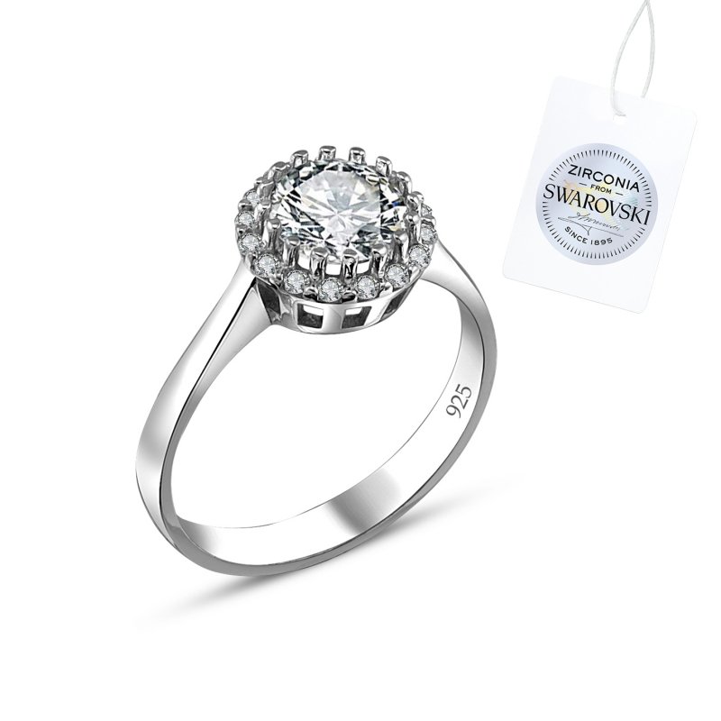 Gümüş%20Swarovski%20Zirconia%20Taşlı%20Halo%20Tektaş%20Yüzük