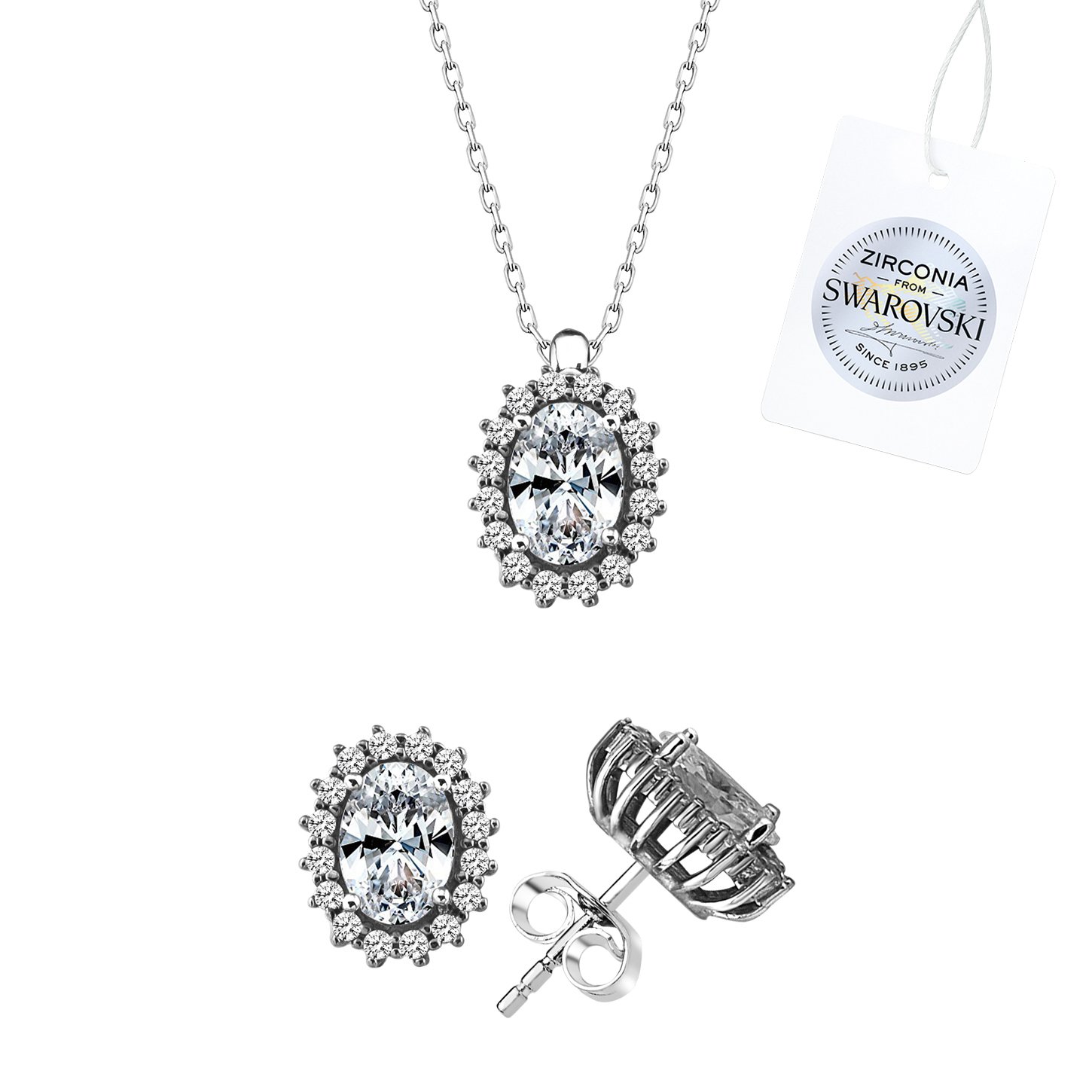 Gümüş%20Swarovski%20Zirconia%20Taşlı%20Oval%20Halo%20Tektaş%20Set