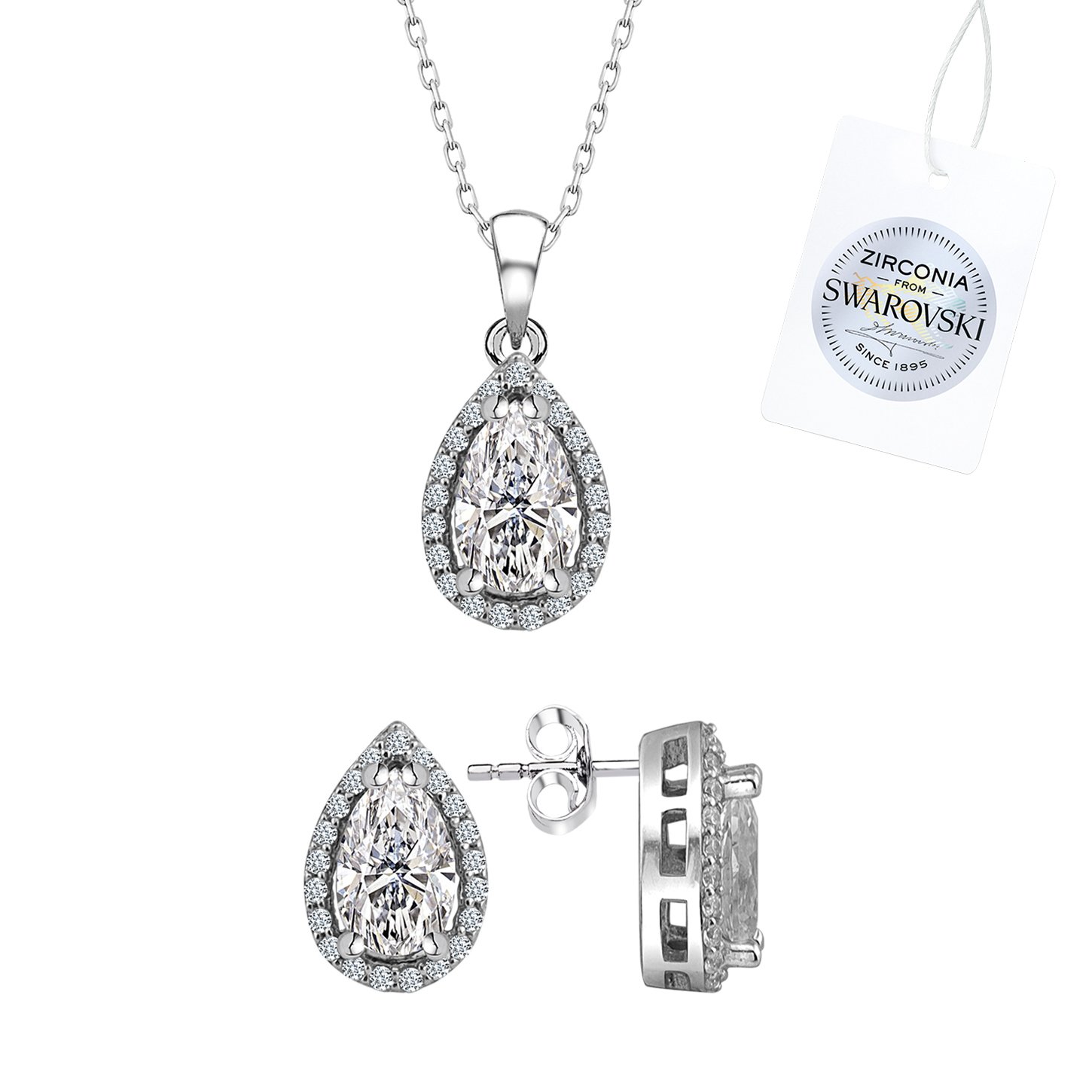 Gümüş%20Swarovski%20Zirconia%20Damla%20Taşlı%20Tektaş%20Set