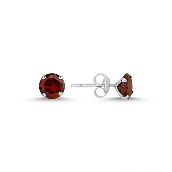 Gümüş 6mm Yuvarlak Garnet Zirkon Tektaş Küpe