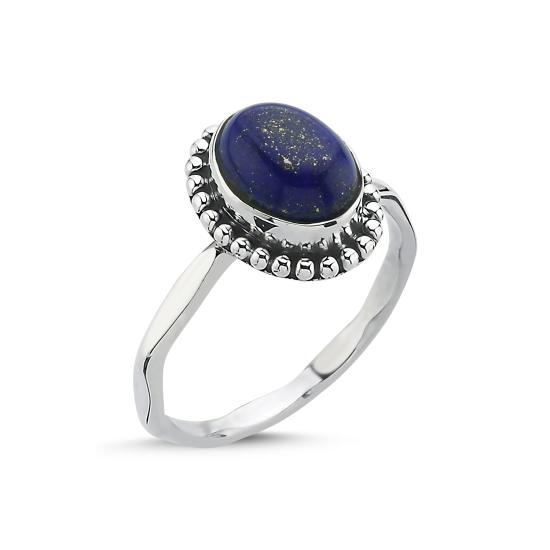 Gümüş Lapis Lazuli Oval Kesim & Etnik Detaylı Oksitli Yüzük