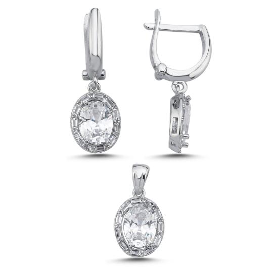 Gümüş Oval Kesim & Halo Baget Zirkon Taşlı Set